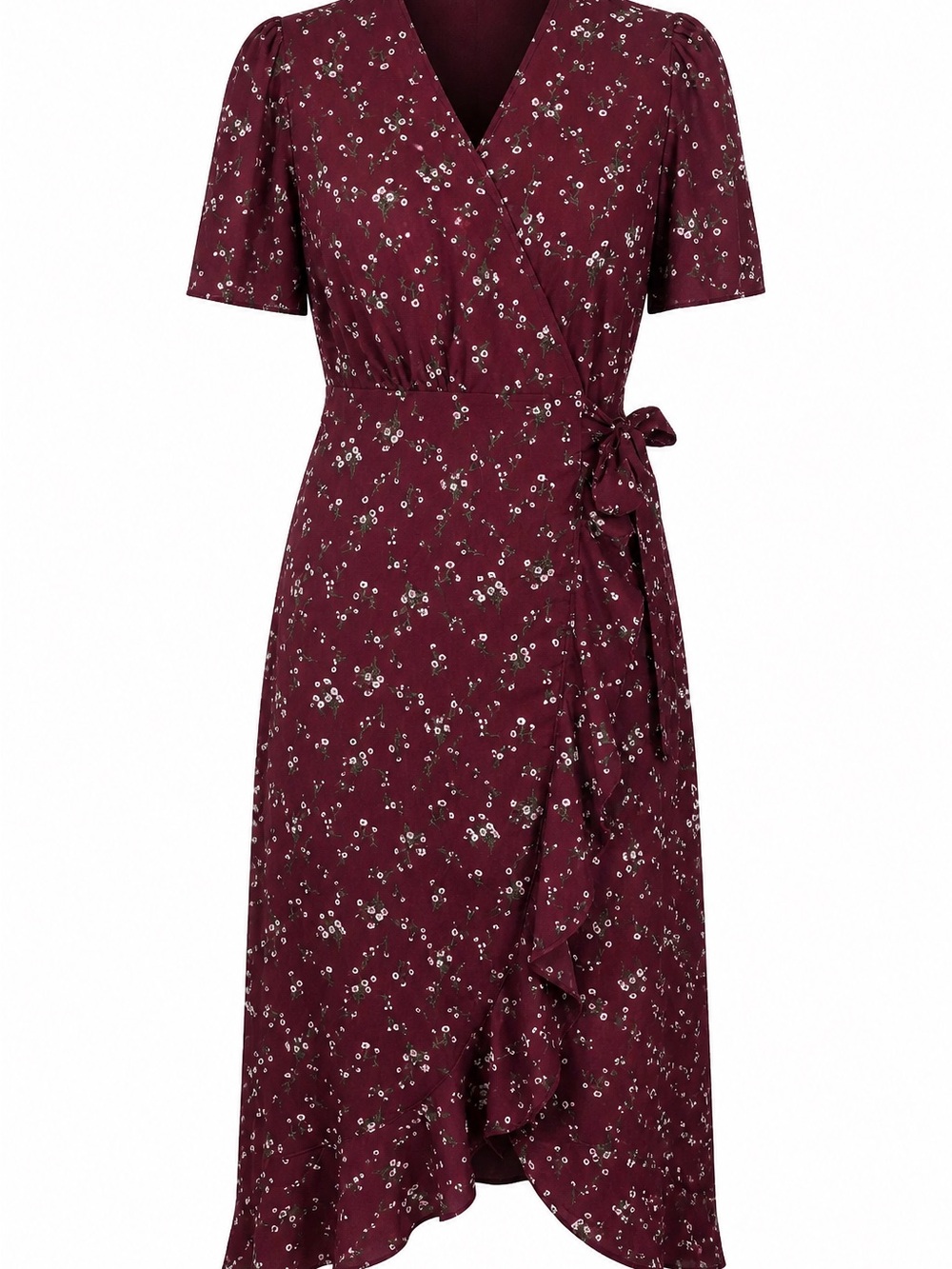 SHEIN Burgundy Floral Wrap Midi Dress